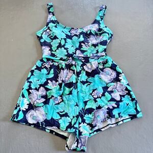 Vintage Blair 80s Floral Swimsuit Black & Green Floral One Piece Size 12